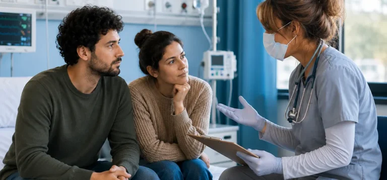 A couple talking with a doctor in a hospital